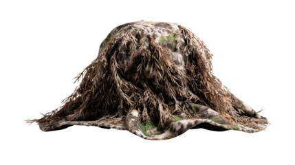Camouflage Gear: This image shows a ghillie suit, a highly effective camouflage garment used by snipers and hunters for concealment in various environments.