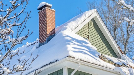 Residential house roof covered in snow showing chimney damage, layered and missing shingles, representing winter weather affects, aging structure, and urgent home maintenance issues