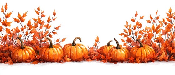 Autumnal Pumpkins and Leaves Border Illustration