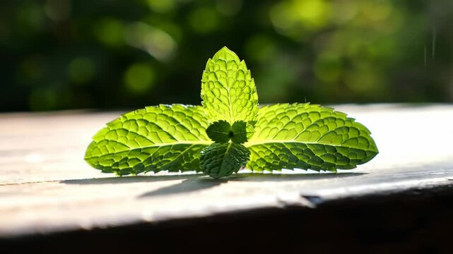 Fresh mint leaves, illuminated by sunlight, on a wooden surface, for culinary and wellness websites