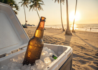 Chilled Beer at the Beach: A refreshing beer bottle nestled among ice cubes in a cooler, bathed in warm sunlight on a sandy beach with palm trees, evokes a sense of leisure and tropical relaxation.