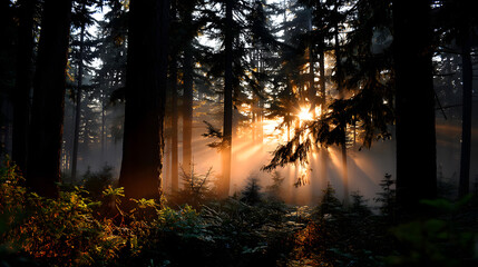 Obraz premium A retro postcard of a foggy forest at dusk, with the last rays of sunlight shining through the mist, casting a soft golden light over the trees.