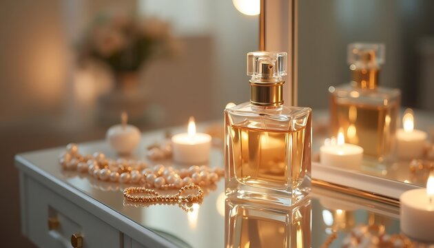 Perfume Bottle and Candles on a Vanity Table Creating a Luxurious Ambiance