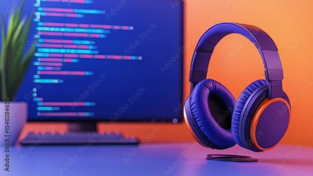 Poster modern workspace with headphones and computer screen displaying coding in vibrant colors, ideal for 