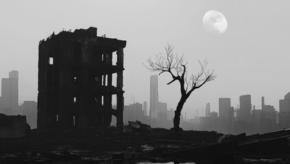 Ruined city, moonlit silhouettes