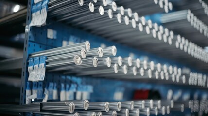 Obraz premium A dense arrangement of polished aluminum extrusions, ready for further processing. The image showcases the scale of metal production and the uniformity of manufactured components.