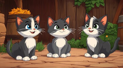 Three Kittens Sitting in a Rustic Barn Yard