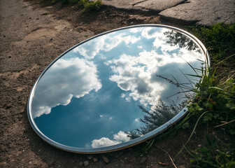 Mirroring the Sky: An artistic shot of an oval mirror resting on rough ground, reflecting a stunning blue sky dotted with fluffy clouds, blending nature and human artifice.