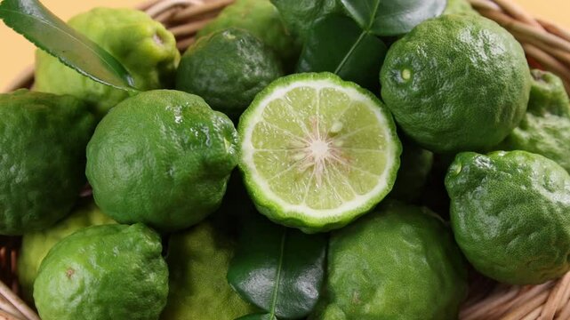Close-up of kaffir lime in a basket