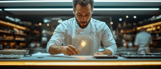 Chef thoughtfully examines a glowing lightbulb, possibly symbolizing a culinary breakthrough or inspiration