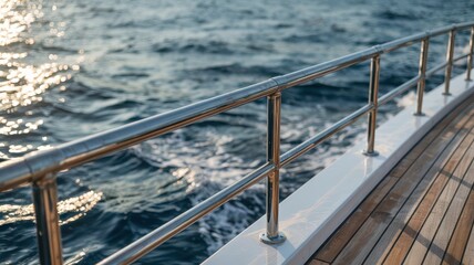 A view from the teak deck of a luxury yacht with a chrome handrail, cruising on the sparkling blue sea at sunset.