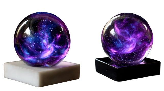 Celestial Spheres: A captivating display of two glowing spheres, one resting upon a minimalist white base, and the other on a sleek black pedestal, both showcasing a mesmerizing galaxy within. 
