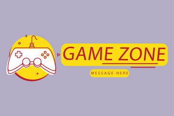 Minimal gaming logo with red-outlined controller, “Game Zone” text in bold yellow on grey background. Ideal for gaming posters, banners, and streaming visuals.