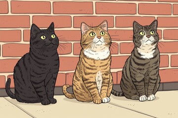 Three cats of different coat colors sit against a brick wall, looking up