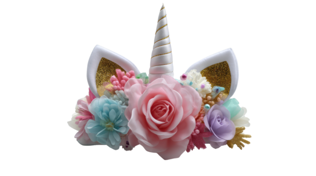Unicorn Floral Crown: A stunning unicorn crown with delicate, lifelike blossoms, gold accents, and a shimmering horn, perfect for adding a touch of magic to any occasion. 