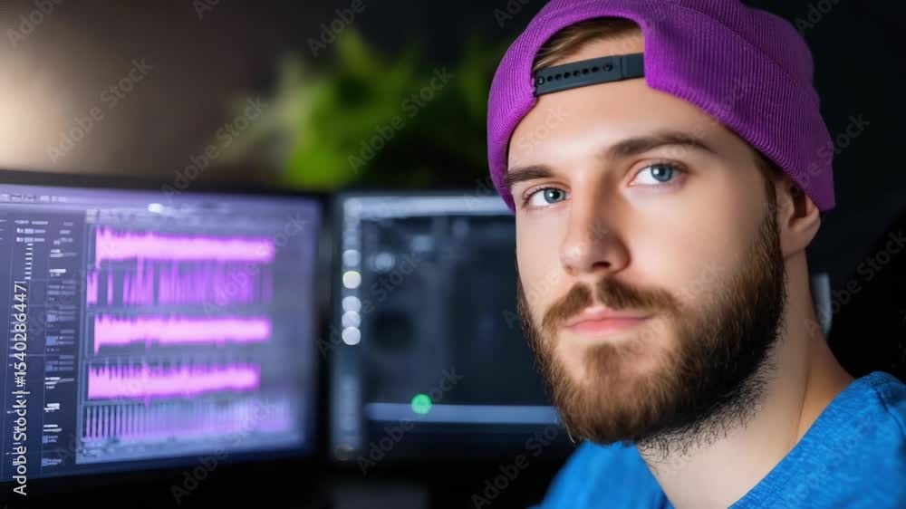 Poster focused male programmer with beard working in modern home office surrounded by computer monitors and
