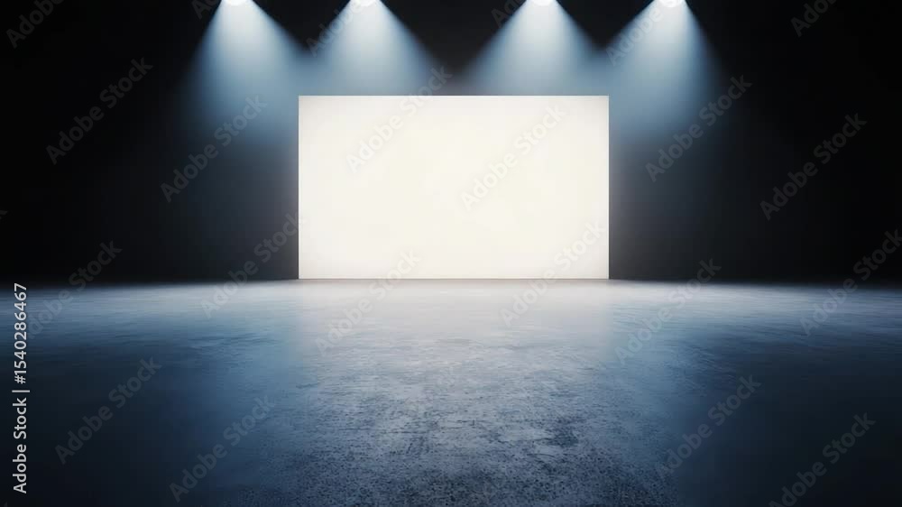 Poster empty stage with bright lights illuminating a white square on a dark background in a minimalist sett