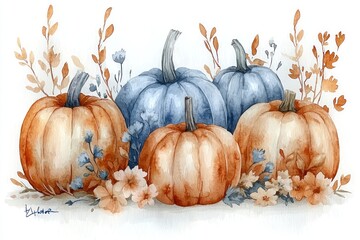 Watercolor painting of four pumpkins in orange and blue hues, surrounded by autumnal foliage and small flowers, on a white background