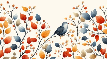 Serene autumnal scene with a small bird perched on a branch amidst colorful leaves
