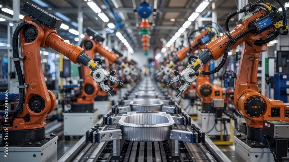 Poster robotic arms work on an assembly line in a smart factory, automating the production of aluminum part