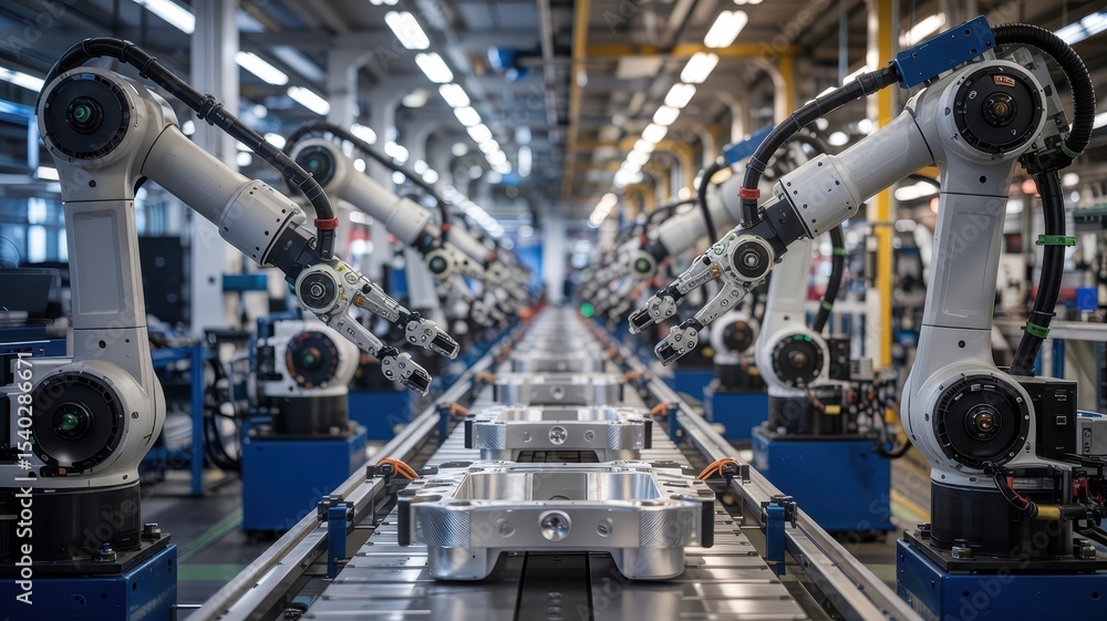 Poster robotic arms work on an assembly line in a smart factory, automating the production of aluminum part