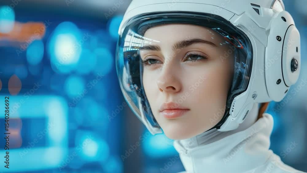 Aufkleber female astronaut in futuristic helmet using advanced technology in a sci-fi control room with digita