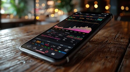 Smartphone displaying stock market data on a wooden table