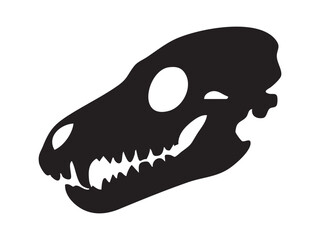 Obraz premium Black silhouette of a dog skull with sharp teeth, isolated on white background, graphic illustration. Concept of canine anatomy, pet skeleton, horror tattoo design, veterinary or halloween symbol
