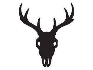 Naklejka premium Black silhouette of deer skull with large branched antlers, isolated on white background, graphic illustration. Concept of wild animal skeleton, moose or roe deer skull, design element