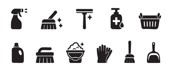 Black silhouette of cleaning tools and supplies set including spray bottle, mop, gloves, brush and other, isolated on white background. household chores, cleanliness, home maintenance, icon collection