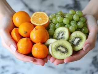 A close-up of hands gently holding a vibrant mix of citrus fruits and sliced kiwi & grapes