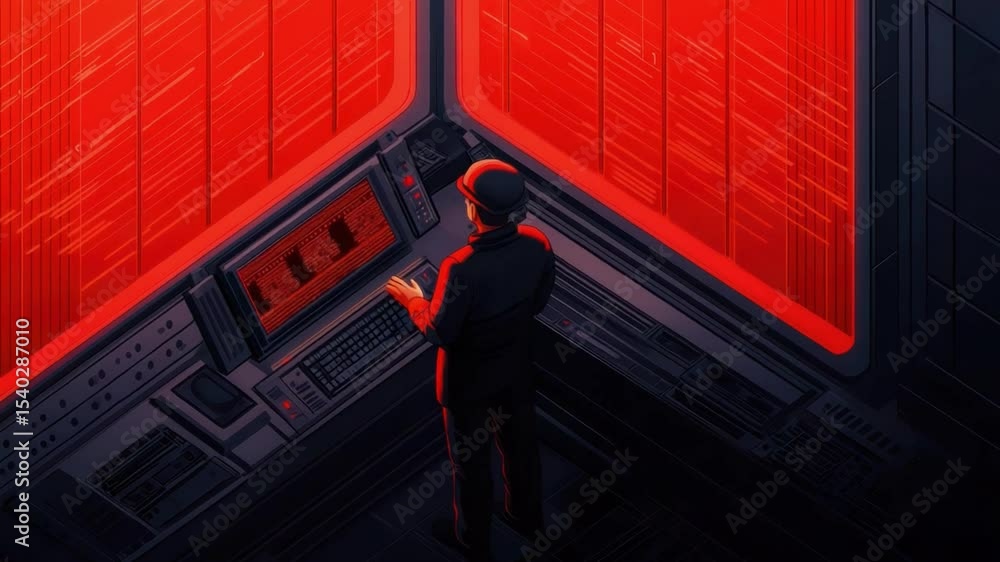 Poster futuristic technician analyzing data on high-tech interface with neon visuals in a modern control ro