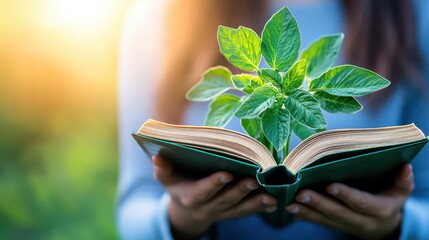 Green Knowledge Sprout: A tender sprout of vibrant green leaves springs forth from an open book held gently, symbolizing the growth of knowledge and the beauty of nature intertwined.