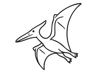 Fototapeta premium Black outline of flying Pteranodon with long wings and head crest, isolated on white background, graphic illustration. Concept of prehistoric pterosaur, jurassic flying reptile, design element