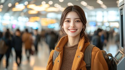 Portrait of a smiling young woman with a backpack at a busy transit hub, shallow depth of field