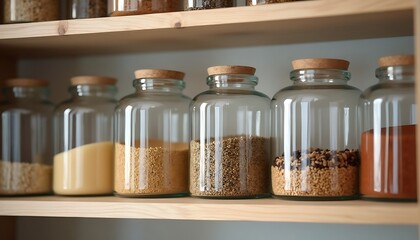 Glass Jars on Wooden Shelves Storing Ingredients for Kitchen Storage