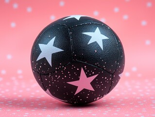 Close-up of a black sphere with white star patterns against a pink dotted background. 