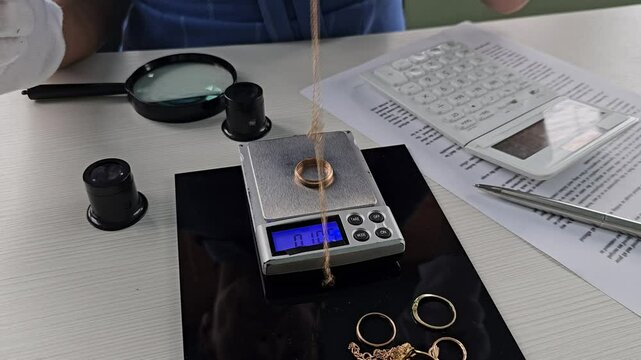 Expert gold weighing and inspection process in a jewelry workshop