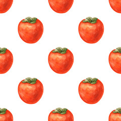 Watercolor seamless pattern persimmon on a white background. Hand-drawn illustration of an orange fruit for design, fabric, packaging, textiles, cover, wrapper.