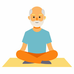 Flat vector of an elderly Asian man meditating in lotus pose on a mat, peaceful background, minimal vector art, white background