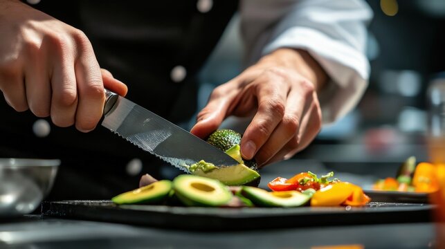 A chef carefully slices an avocado with a serrated knife