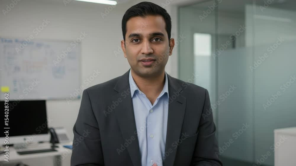 Aufkleber man explains business strategies and insights in modern office setting with engaging visuals