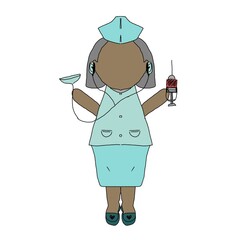 Nurse with syringe,  a cartoon style illustration of a nurse character. The nurse is dressed in a light blue uniform with a matching nurse cap, and shoes adorned with small heart symbol.