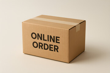 Cardboard box with ONLINE ORDER label, ecommerce shipping concept