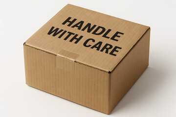 Closed Cardboard Box with HANDLE WITH CARE Text and Sealing Tape