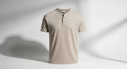 Mockup of Stylish Minimalist Beige Henley T-Shirt Displayed in Soft Natural Light and Shadow