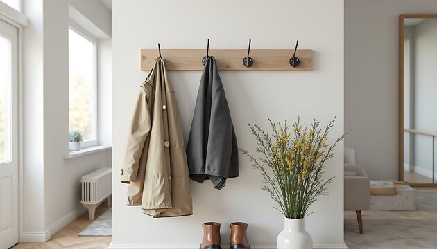 Coats Hanging on Wall Rack with Boots and Flower Decor