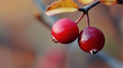 Two shiny red berries hanging delicately from a twig branch