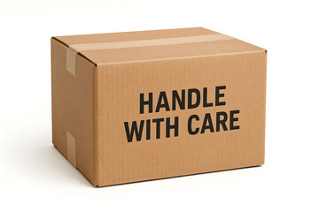 Cardboard shipping box mockup with text "HANDLE WITH CARE", isolated on white background