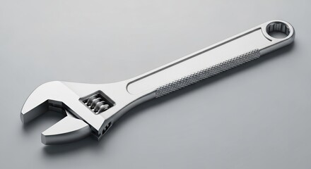 Obraz premium A Gleaming Adjustable Wrench on a Smooth Grey Background Perfect for Any Mechanical Task